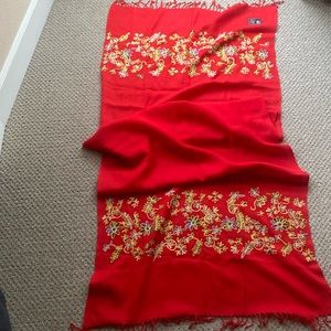 Passigatti 100% Wool Red Scarf. Embroidered flowers and fringed.